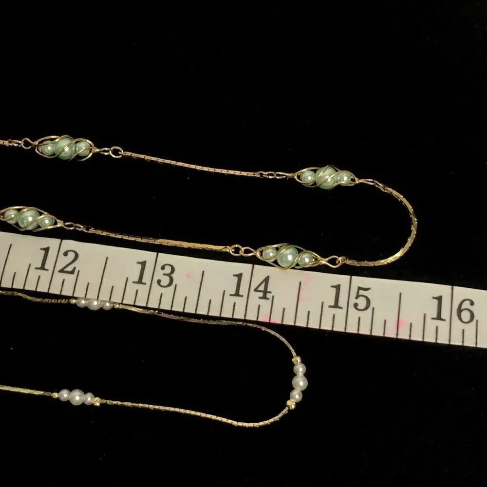 vintage korea gold tone caged pearls spaces snake chain long faux pearls elegant